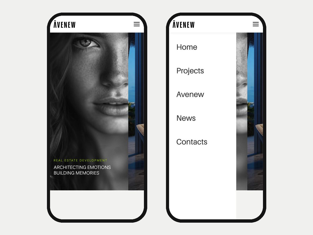 The AveNew Development website on two phones: the home page and the menu