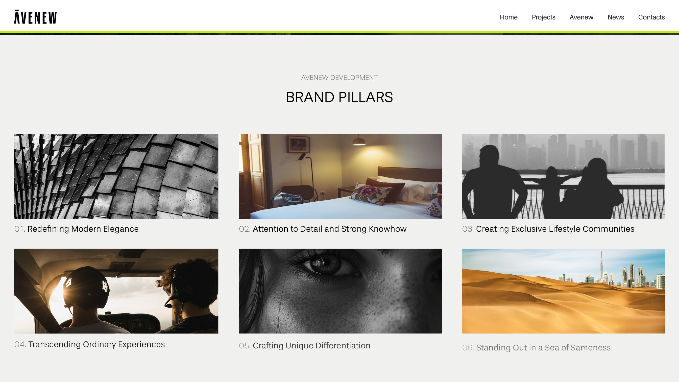 The Brand Pillars section of the AveNew Development website: six photographs