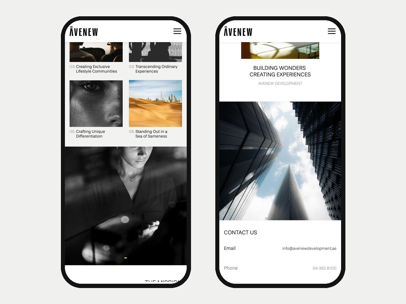 Two phone screens of the AveNew Development website: the pillars and the contact section