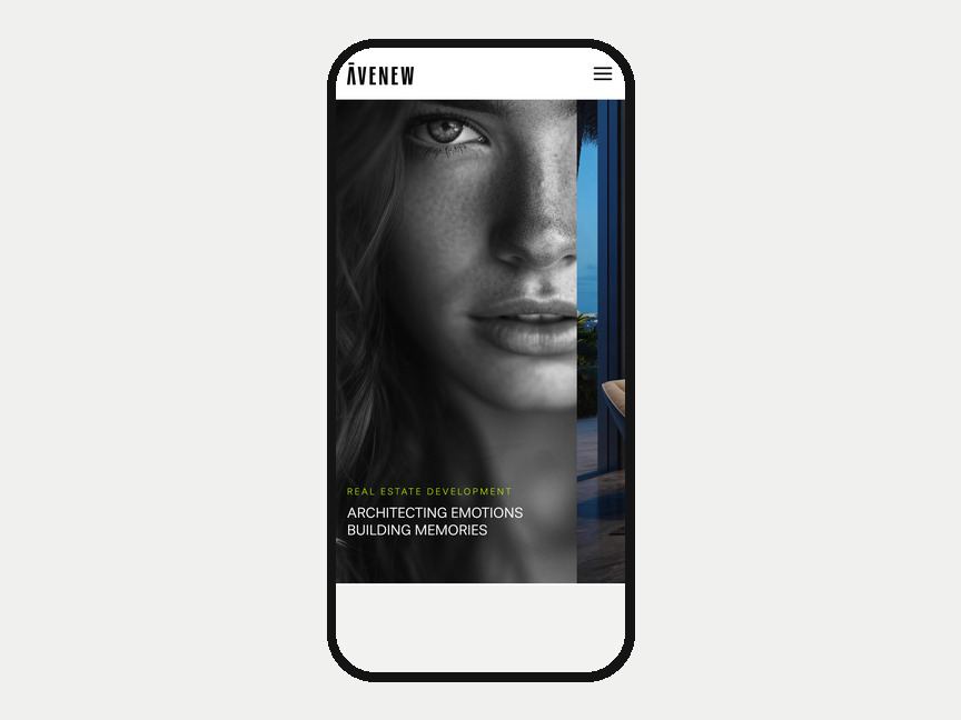 The AveNew Development website on a phone: a black-and-white face, the line Architecting emotions