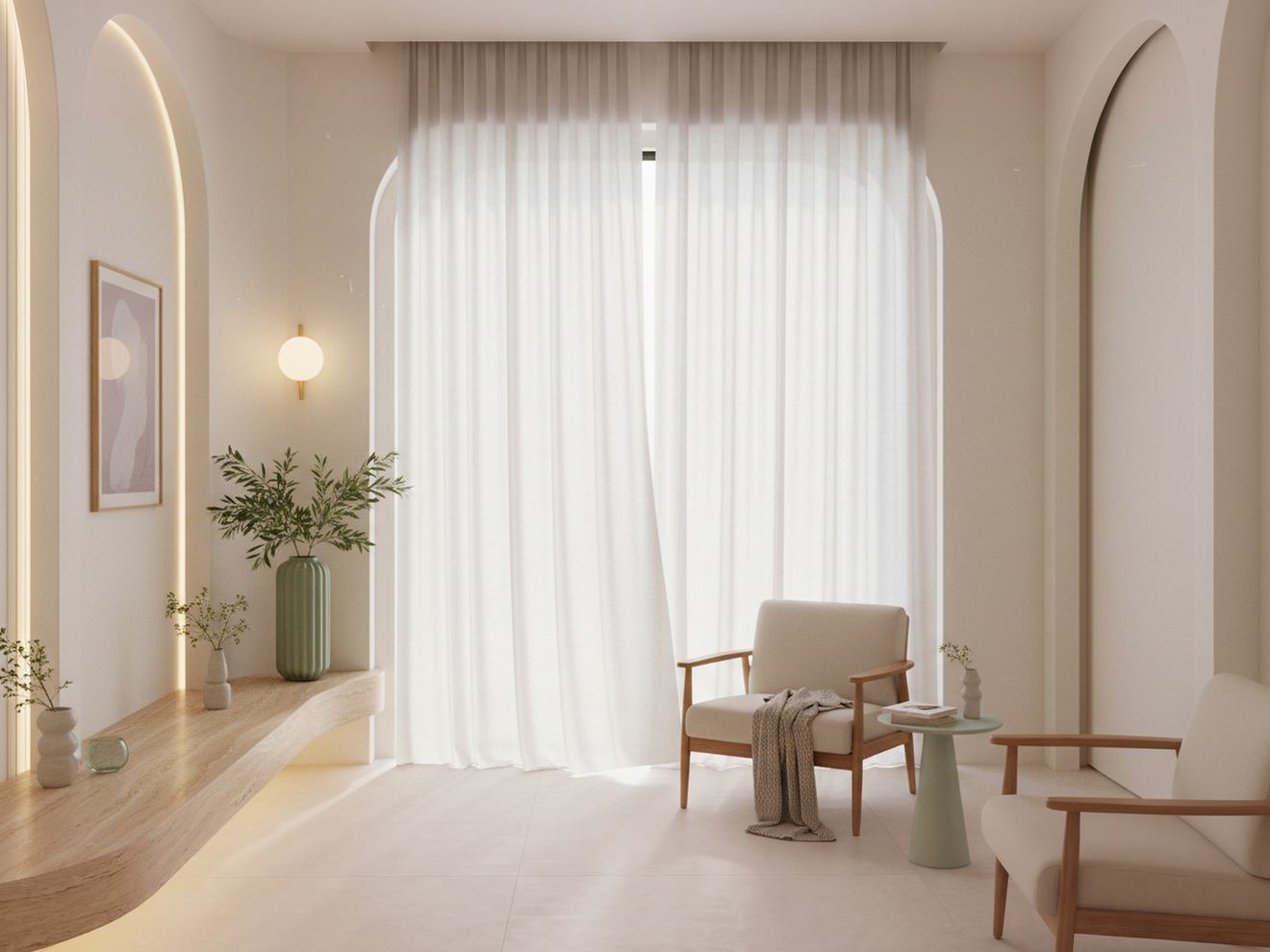 A pale room with arched alcoves, linen sheers and two chairs