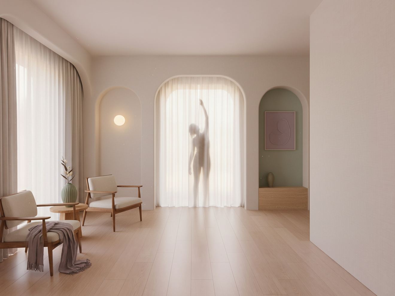 A movement room with oak floor and sheers, a figure behind the curtain