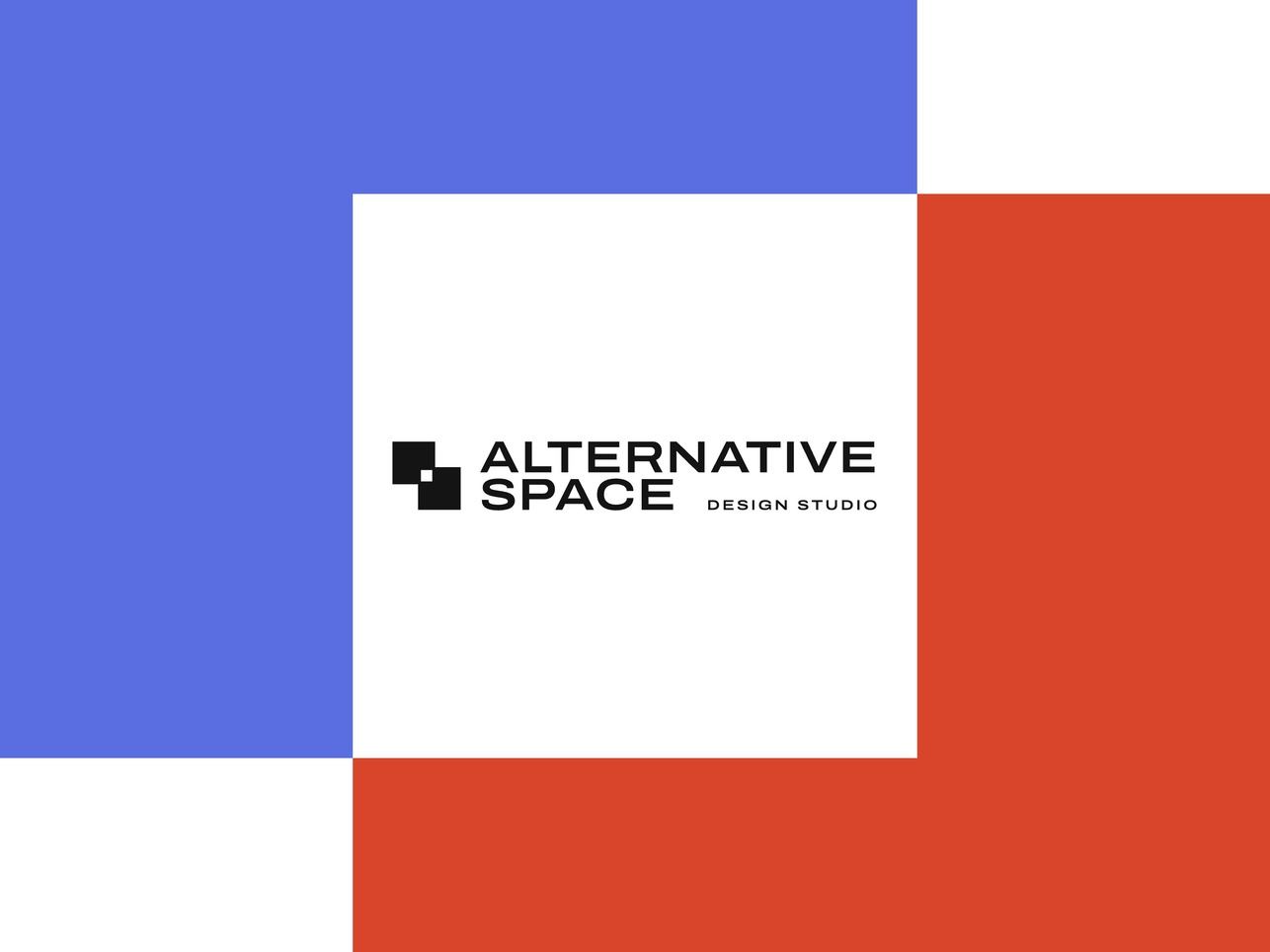 The Alternative Space lockup on white, between a cornflower square and a red pencil square