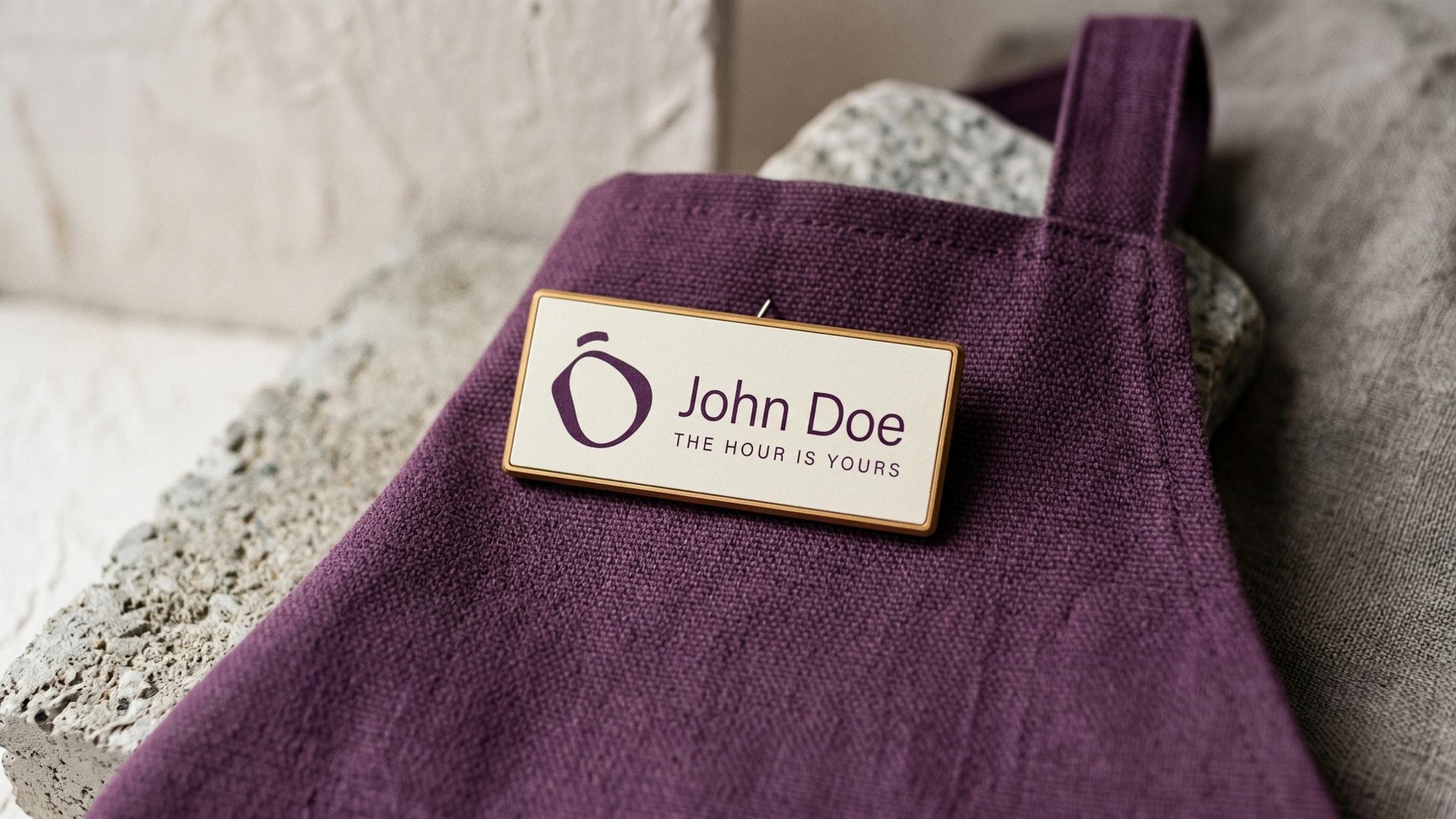 The cream Lento name tag on a plum apron