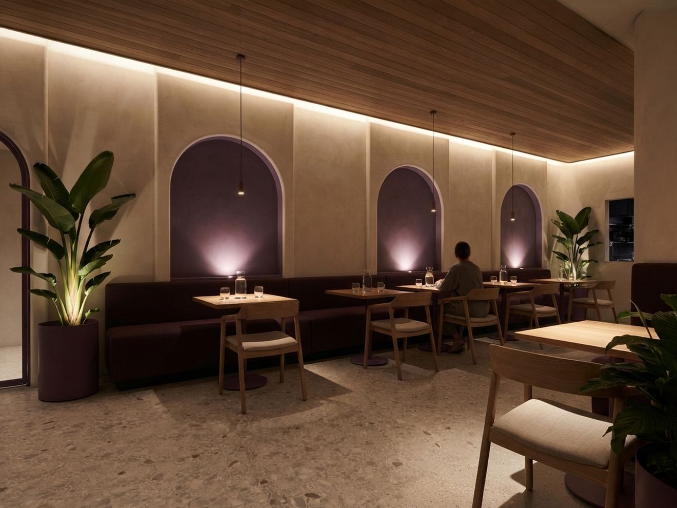 The Lento niche wall in the evening, the pendants lit