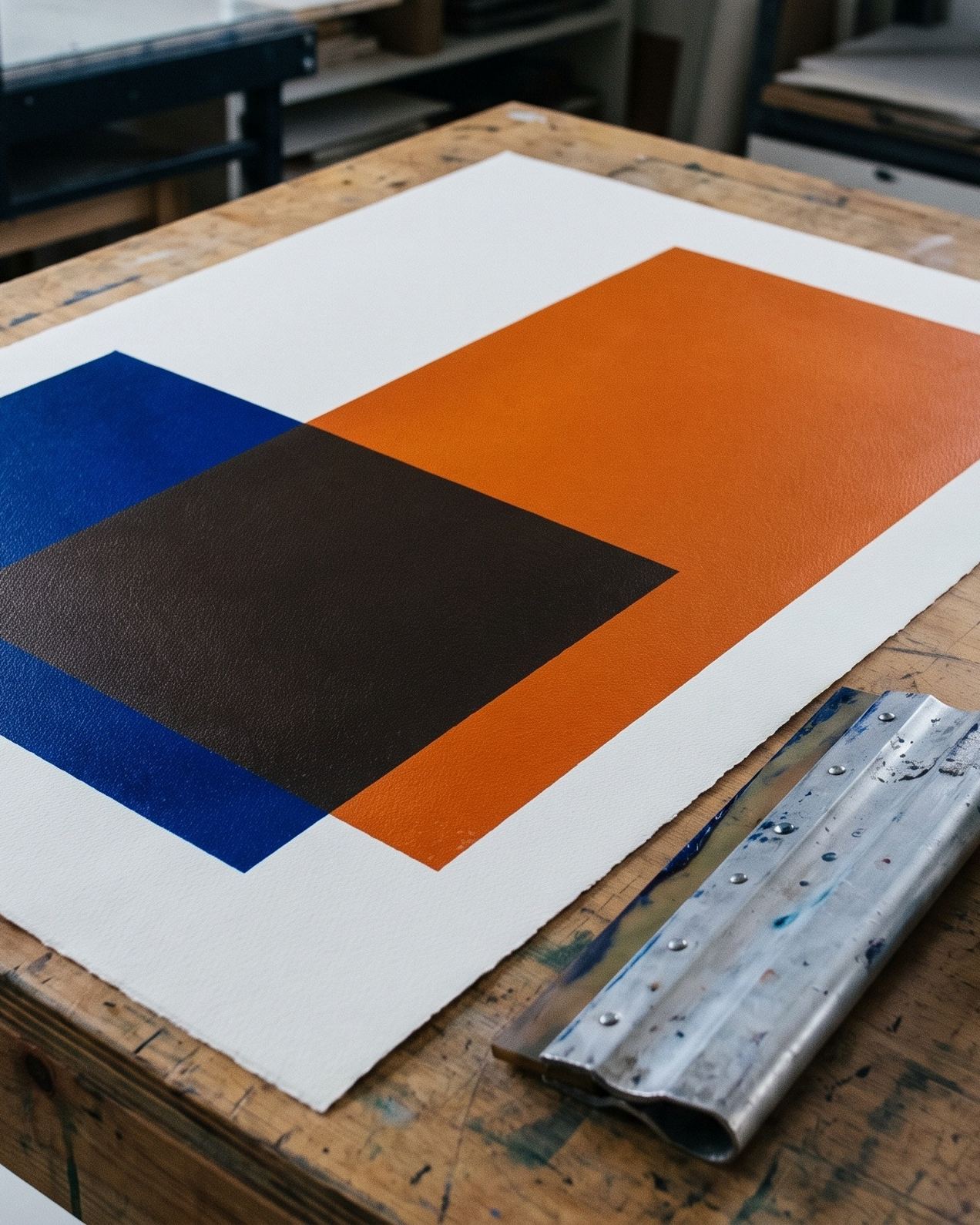 The two squares of the Alternative Space mark silk-screened, overlapping, on a print table (a generated photograph)