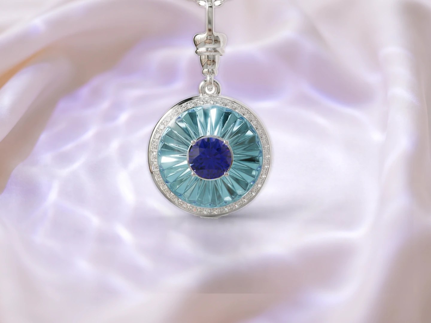 Whispers of Alara: the Sinan pendant in tanzanite on silk, from the store's opening film (generated)