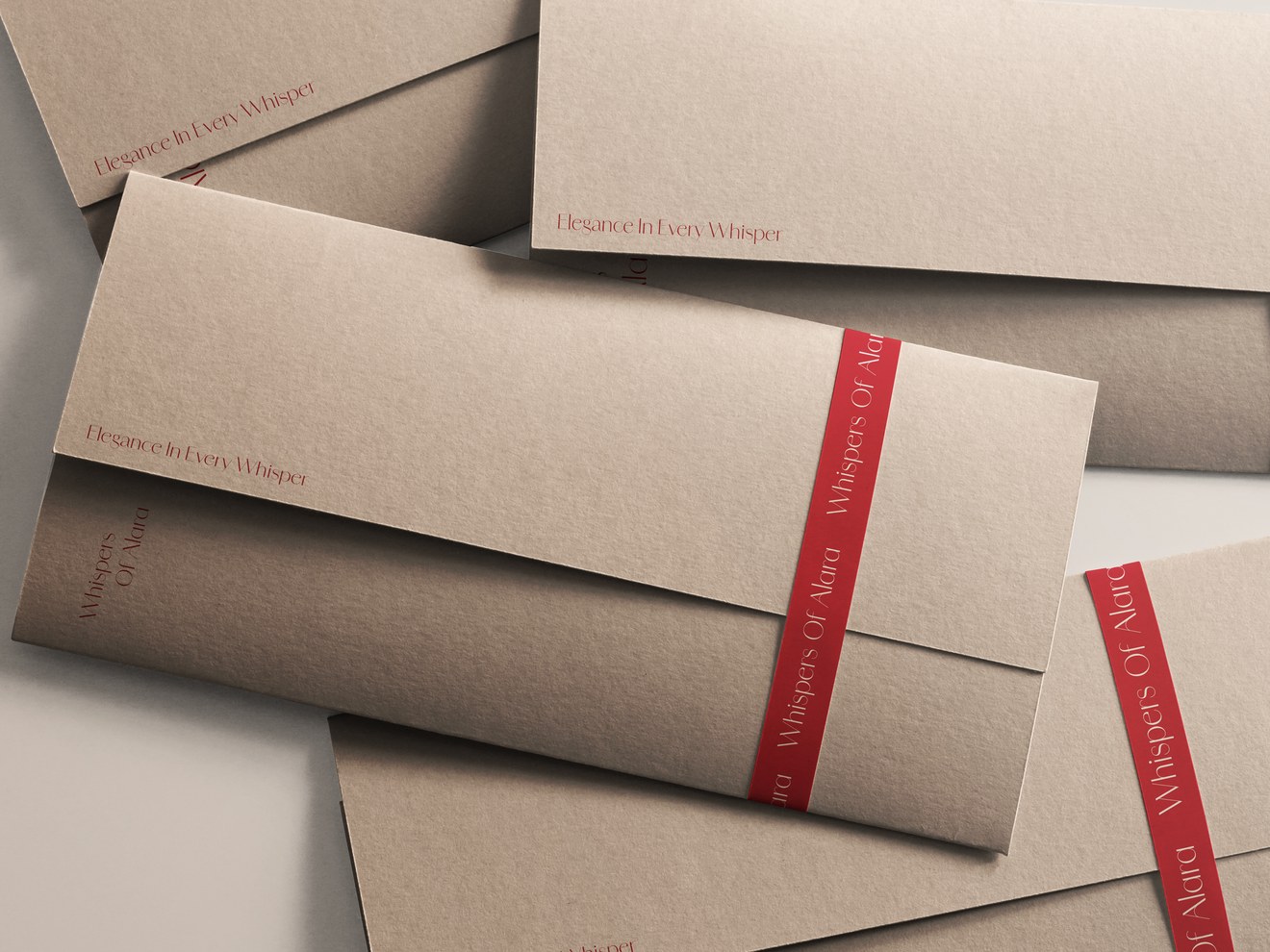 Envelopes in stone-coloured card with a red band printed Whispers Of Alara (a mock-up)
